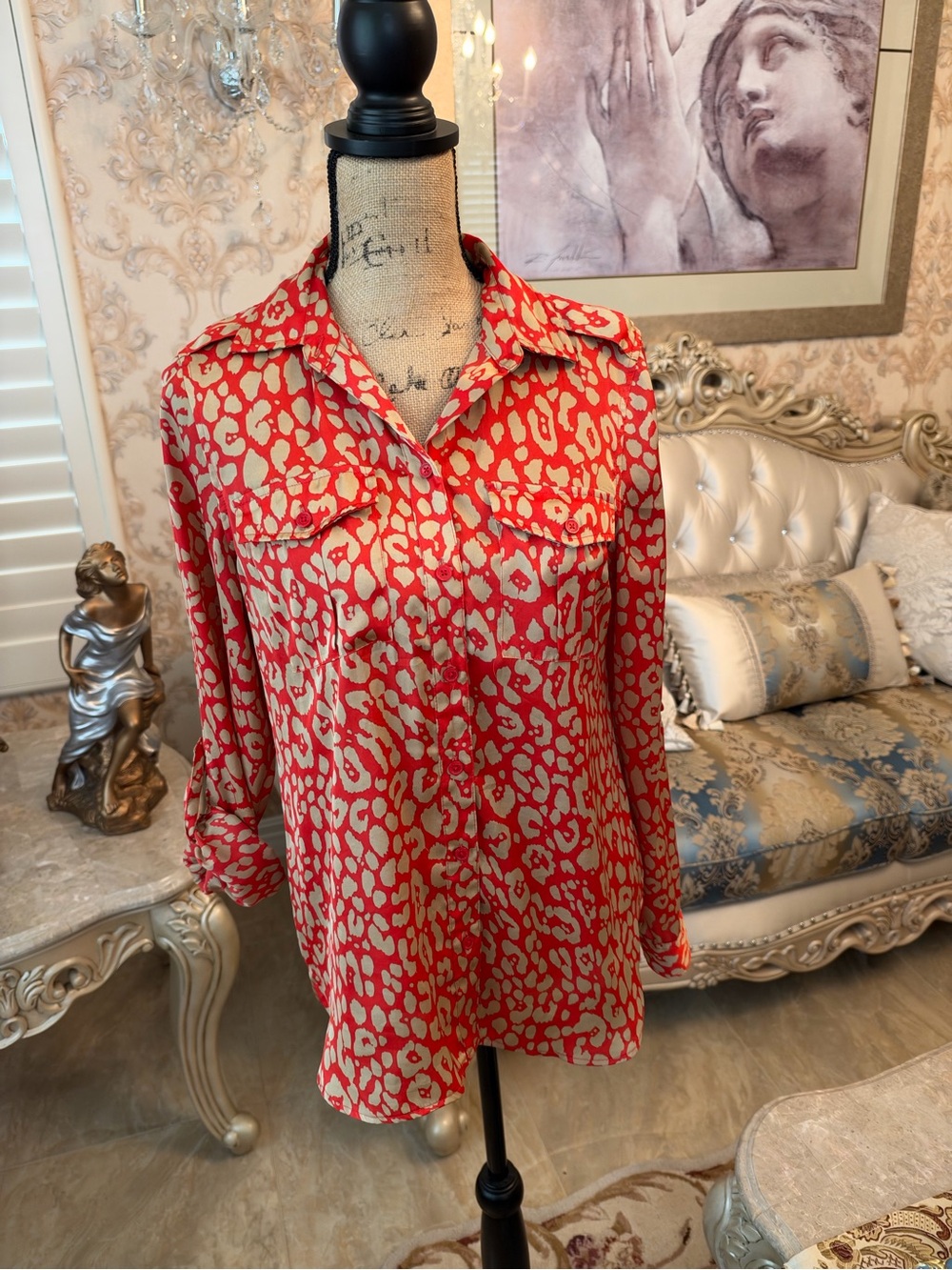 Jones New York Red and Cream Leopard Print Button-Down Shirt
